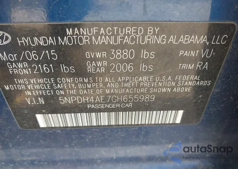 2016 Hyundai Elantra Se/Sport/Limited из США, поврежденный, VIN 5NPDH4AE7GH655989